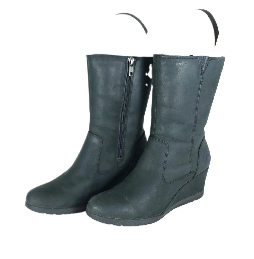 UGG Joely Women's US8 Black Leather side Zip Sherpa Lined Waterproof Wedge Boot